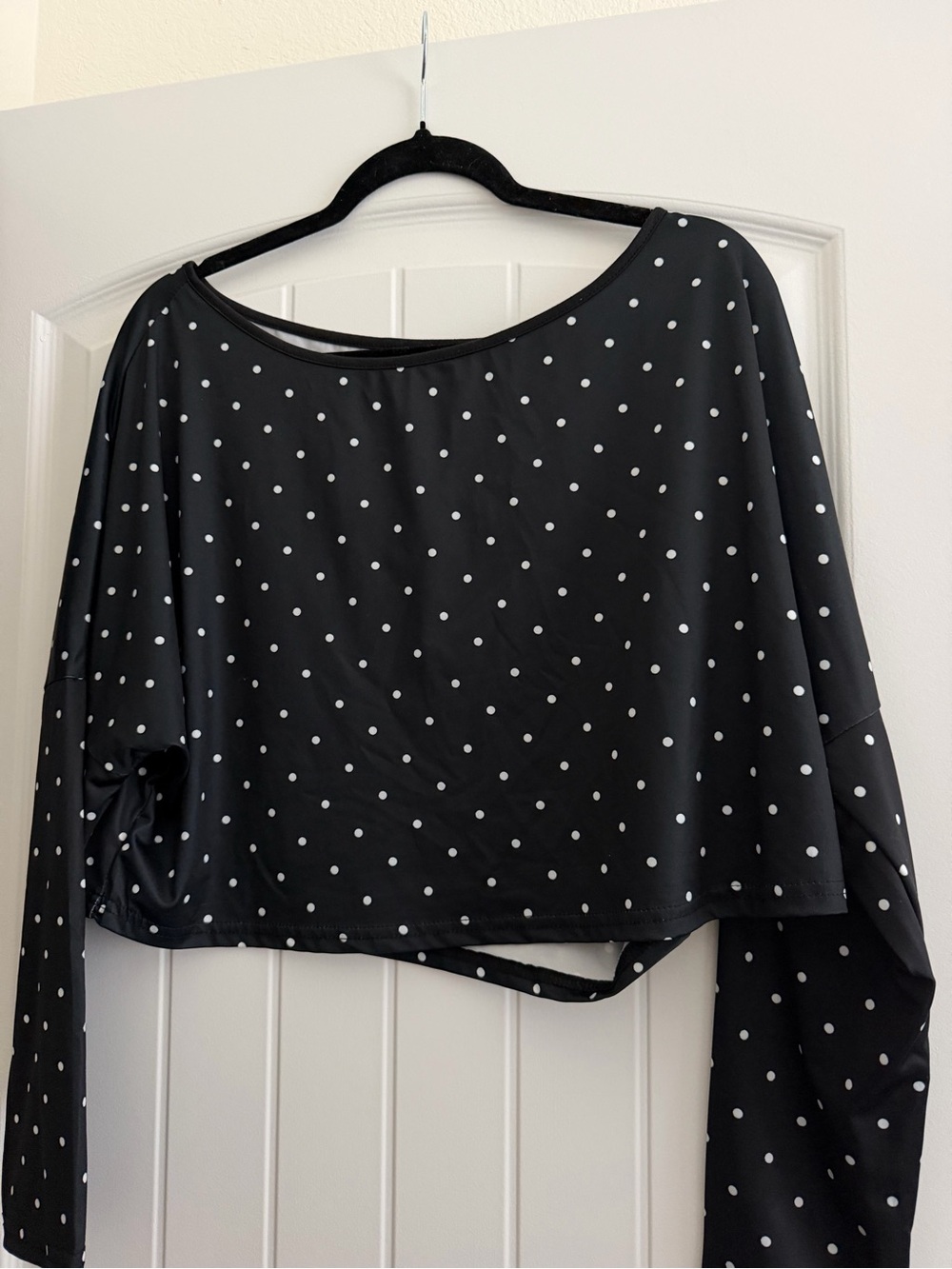 Polka Dot Long Sleeve Crop Top - Black